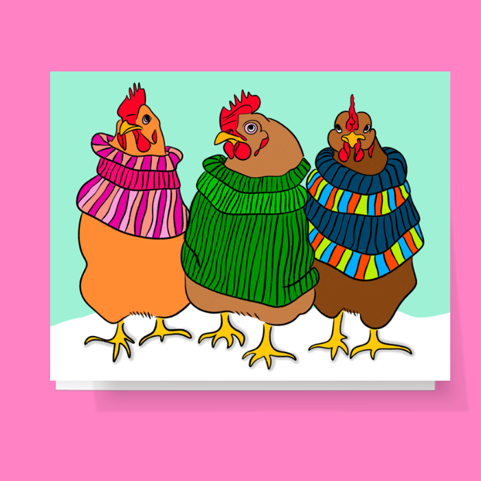 Winter Chickens In Sweaters Card