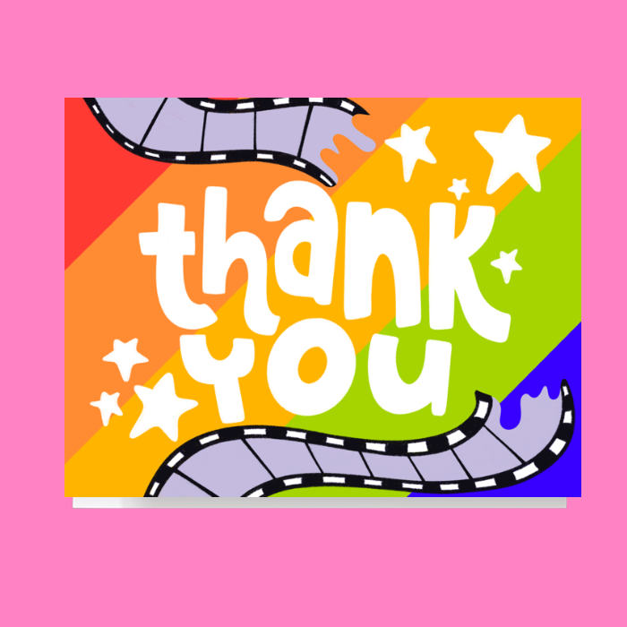 Thank you greeting card design featuring a bold diagonal rainbow stripe with a photo film reel wrapping around Thank You handlettered in chunky lowercase letters