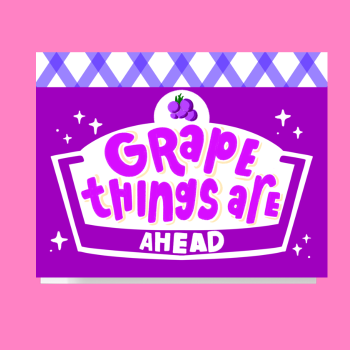 Purple greeting card design featuring the phrase Grape Things Are Ahead on a grape jam jar label illustration