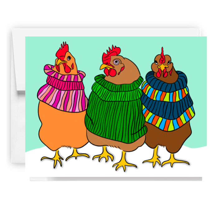 Winter Chickens In Sweaters Card