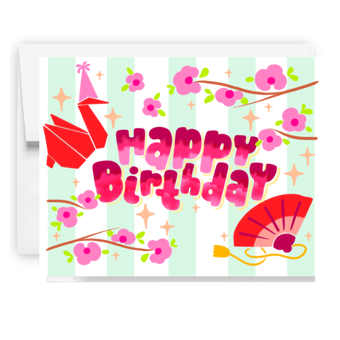 Crane And Blossom Birthday Card