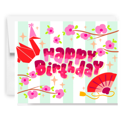 Crane And Blossom Birthday Card